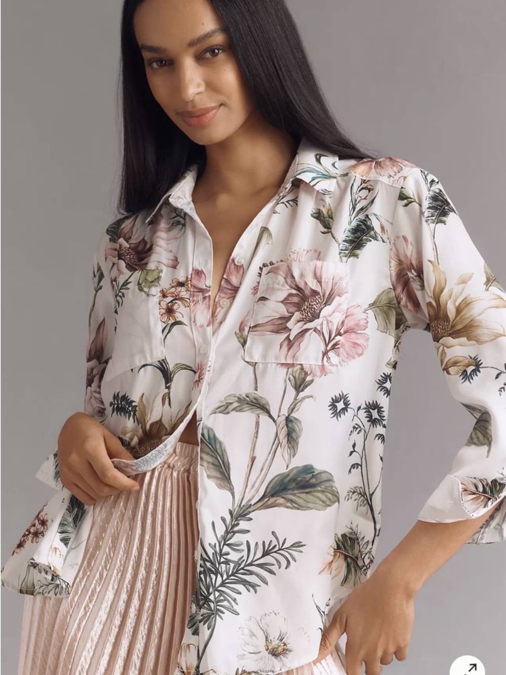 Anthropologie NWT Relaxed Long-Sleeve Floral Shirt in a white botanical print 1X